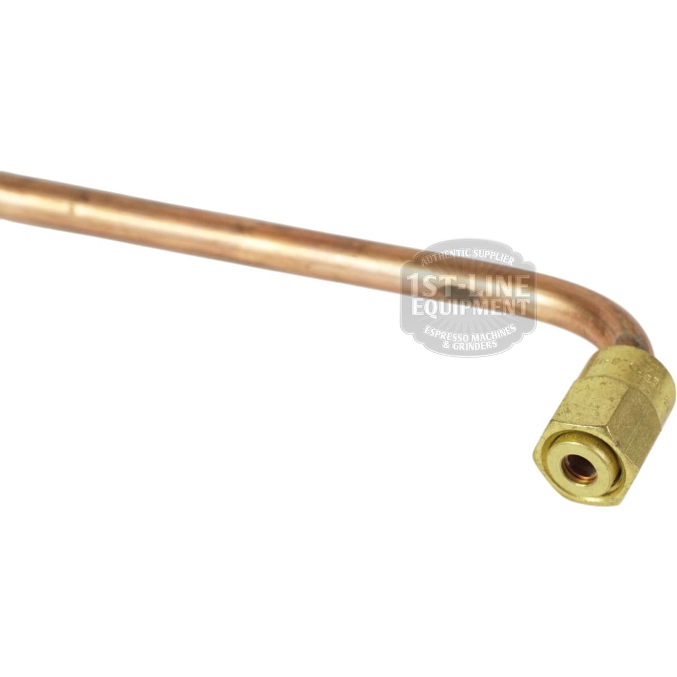 Close-up of the Bezzera 5162457LL Steam Tap Pipe, featuring a bent copper design with a brass hexagonal fitting, suitable for use with Bezzera machines in plumbing or mechanical connections, shown against a white background. © 2025 1st-line.com
