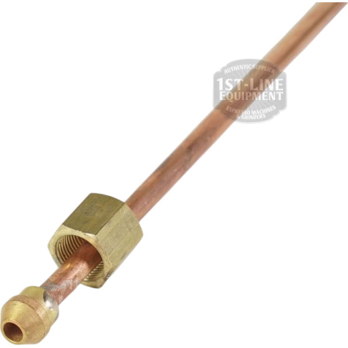 Close-up of the Bezzera 5162457LL Steam Tap Pipe with a brass compression fitting at one end, used in espresso machine plumbing. White background with a faint watermark logo. © 2025 1st-line.com