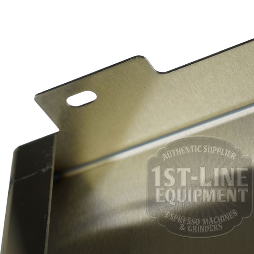 Close-up of the Torre T02FIA001 Right Side Panel in brushed stainless steel. A slotted tab is featured, with the 1st-Line Equipment logo partially visible, linking it to espresso machine or grinder parts. © 2025 1st-line.com