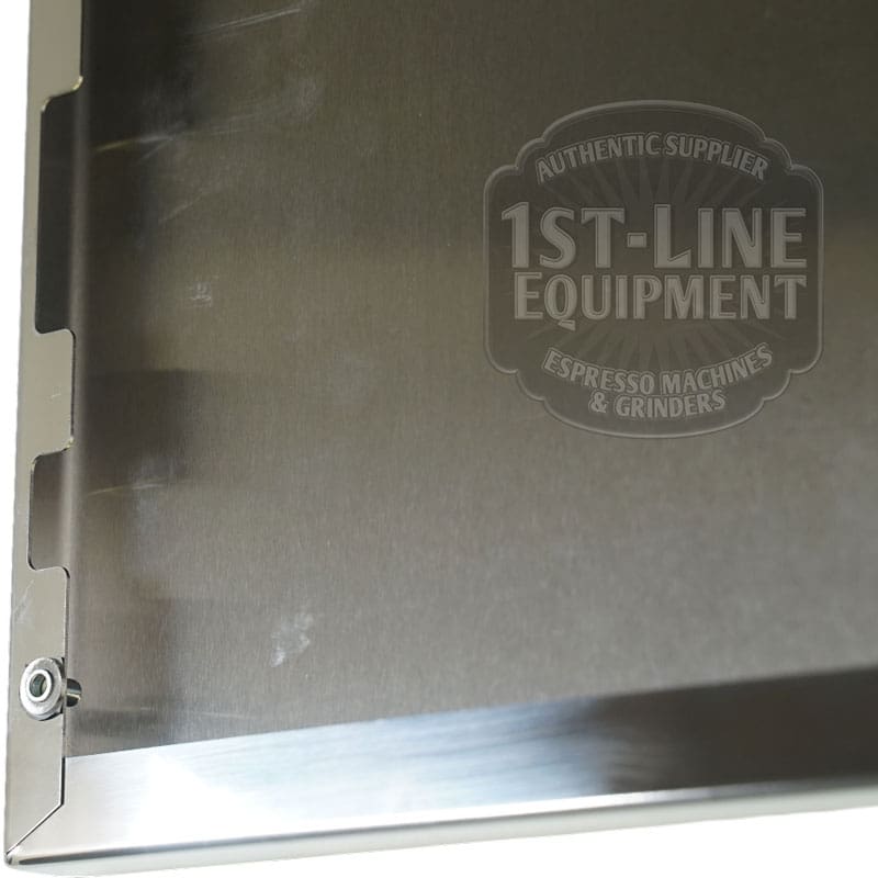 Close-up of the Torre T02FIA001 Right Side Panel - Stainless Steel T02, showing a corner screw and a subtle round 1st-Line Equipment logo watermark on the right side. © 2025 1st-line.com