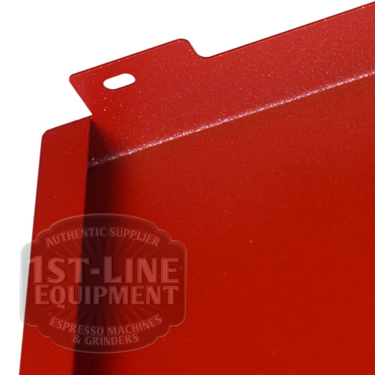 Close-up of the Torre T02FIA001RP Right Side Panel - Passion Red, showing a small tab and hole at the top edge. The faint 1st-line Equipment logo appears in the lower left corner. © 2025 1st-line.com