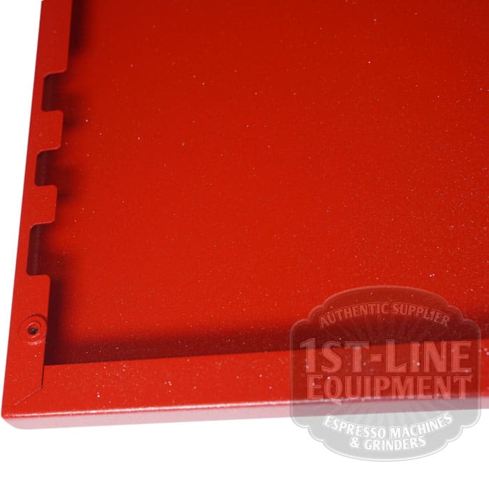 Close-up of the Torre T02FIA001RP Right Side Panel - Passion Red shows grooves and a screw hole in one corner. The lower right features a semi-transparent 1st-Line Equipment logo watermark. © 2025 1st-line.com