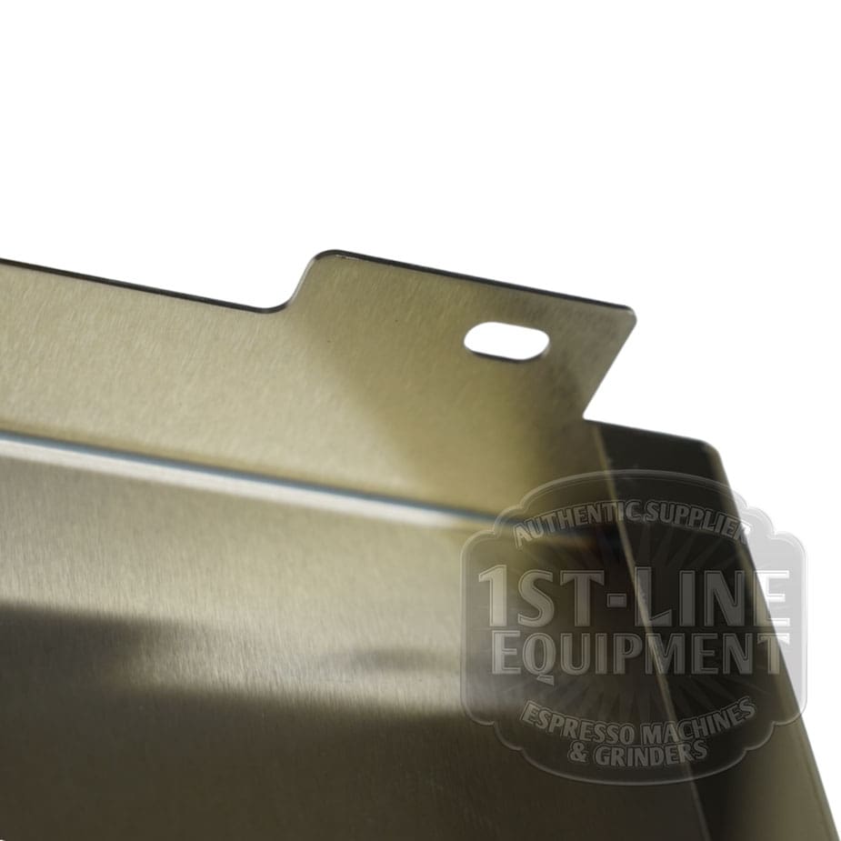 Close-up of the Torre T02FIA002 Left Side Panel - Stainless Steel, showing a tab with hole and brushed finish. The 1st-Line Equipment logo appears watermarked in the lower right corner. © 2025 1st-line.com