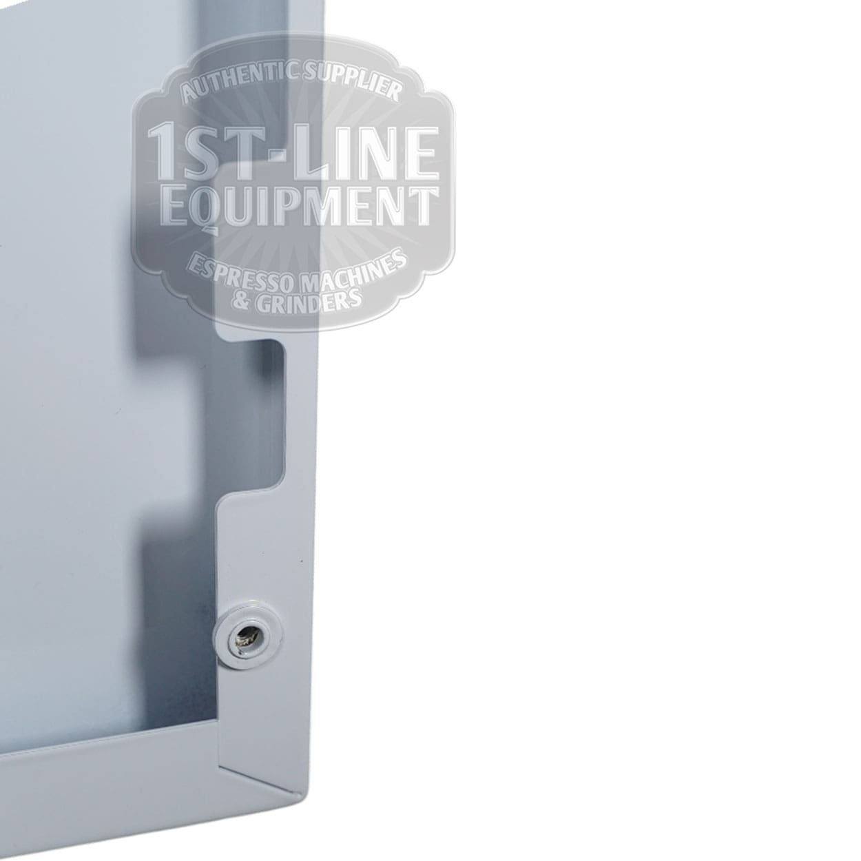 Close-up of the Torre T02FIA002B Left Side Panel - White, showing a screw and open slot on its left side; features a translucent 1st-Line Equipment watermark over the image. © 2025 1st-line.com