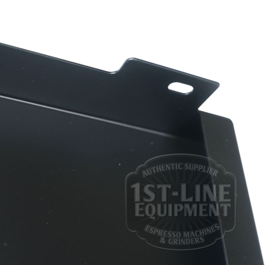 Close-up of the Torre T02FIA002NO Left Side Panel - Matte Black, showing a bent corner and a hole; the 1st-Line Equipment watermark is visible in the lower right corner. © 2025 1st-line.com