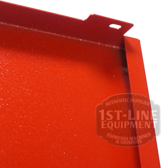 Close-up of the Torre T02FIA002RP Left Side Panel - Red Passion showing its textured surface, small cutout, and a raised edge in the corner. A semi-transparent 1st-Line Equipment logo watermark appears in the bottom right. © 2025 1st-line.com