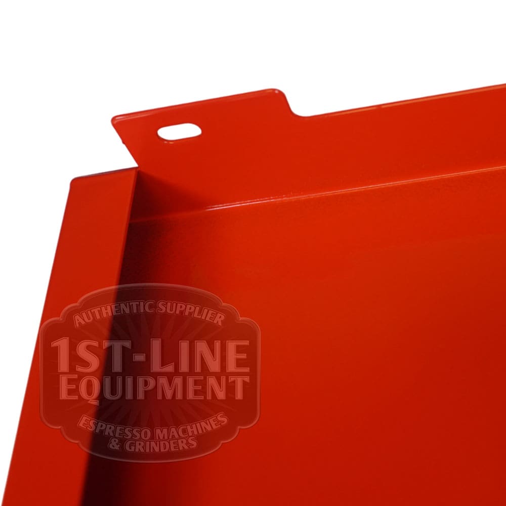 Close-up of the Torre T02FIAXX1 Right Side (DX) Panel in shiny red, showing a small rectangular cutout near the edge, a raised lip, and part of the embossed 1st-Line Equipment logo. © 2025 1st-line.com