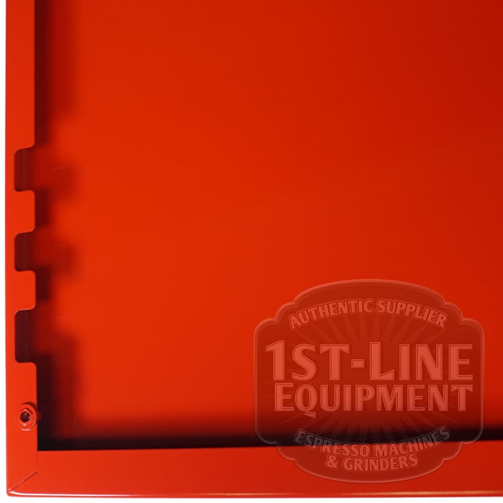Close-up of the Torre T02FIAXX1 Right Side (DX) Panel - Shiny Red with notched edges, a single screw hole, and a subtle 1st-Line Equipment logo watermark in the lower right corner. © 2025 1st-line.com