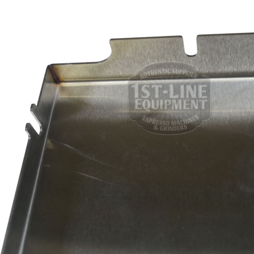 Close-up of the Torre T02POS001 Back Panel in stainless steel, featuring angled edges, notches, a 1st-Line Equipment watermark at the center, and a sleek modern design. © 2025 1st-line.com
