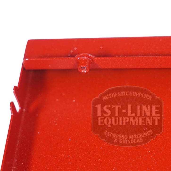 Close-up of the Torre T02POS001RP Back Panel - Red Passion T02, showing a small screw centered on the back edge. The tray has a glossy finish, with the 1st-Line Equipment logo watermark on the lower right side. © 2025 1st-line.com