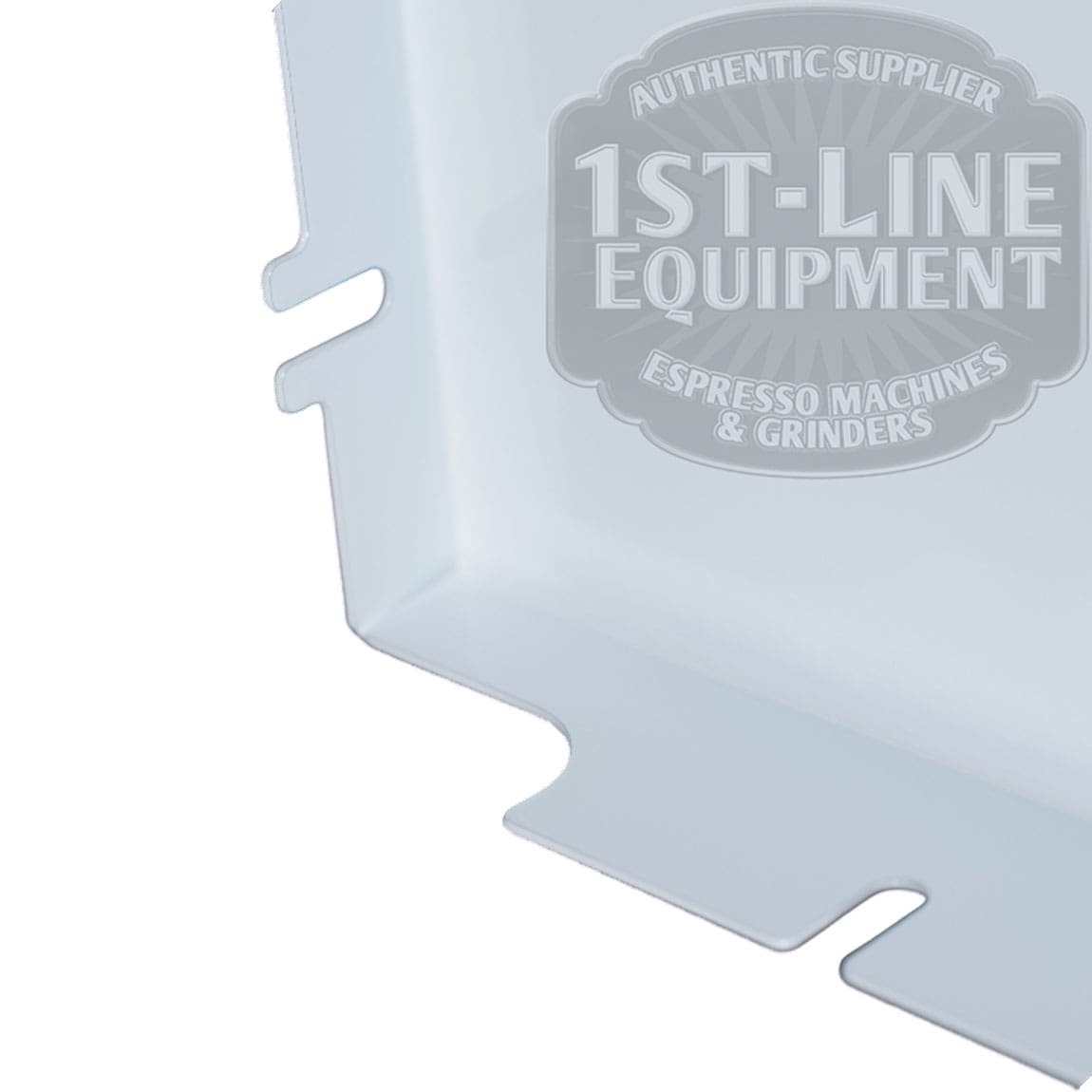 Close-up of the Torre T02POSXX1 Shiny White Back Panel tray, featuring notched edges and a semi-transparent 1st-Line Equipment logo in the upper right corner. © 2025 1st-line.com