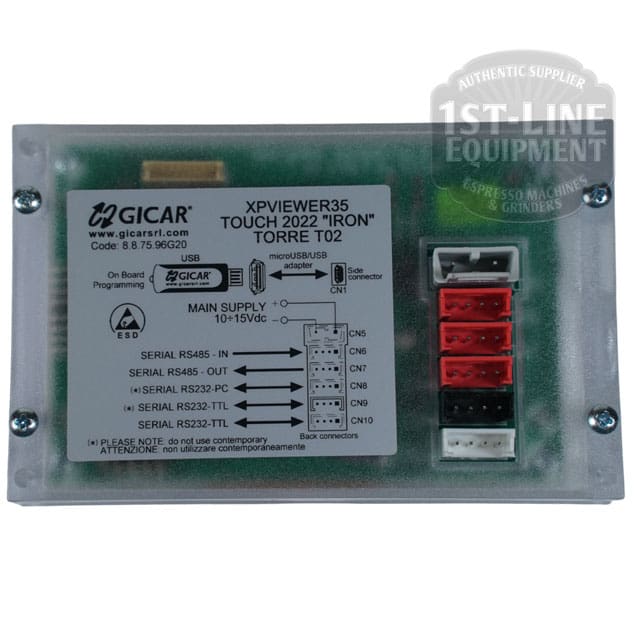 Front view of the Torre DISP0001 Touch Display 3.5 Gicar 8.8.75.96G panel with labeled ports, connection diagrams, and a touch interface, all in clear plastic casing. A 1st-Line Equipment watermark appears in the top right corner. © 2025 1st-line.com