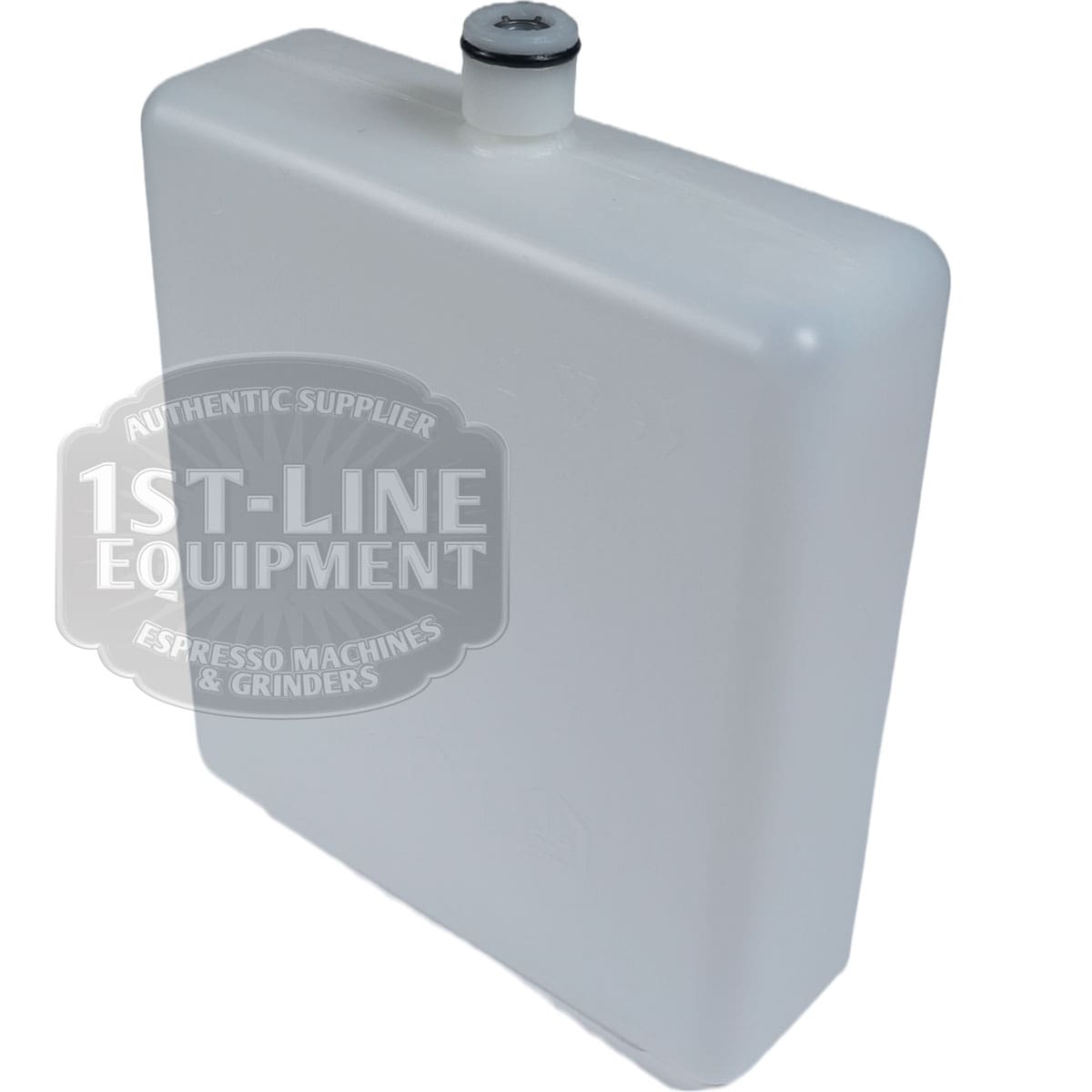 Rectangular white plastic Torre TANI0002 Complete Water Tank with a small round cap on top, smooth sides, and designed for espresso machines. Set against a white background with a semi-transparent logo watermark on the image. © 2025 1st-line.com