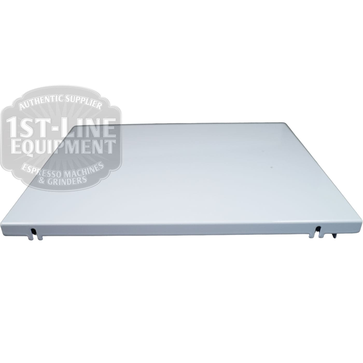 Shiny white, rectangular back panel for Torre T02POSXX1 with four small front notches, shown on a plain white background featuring a semi-transparent 1st-Line Equipment logo in the top left corner. © 2025 1st-line.com