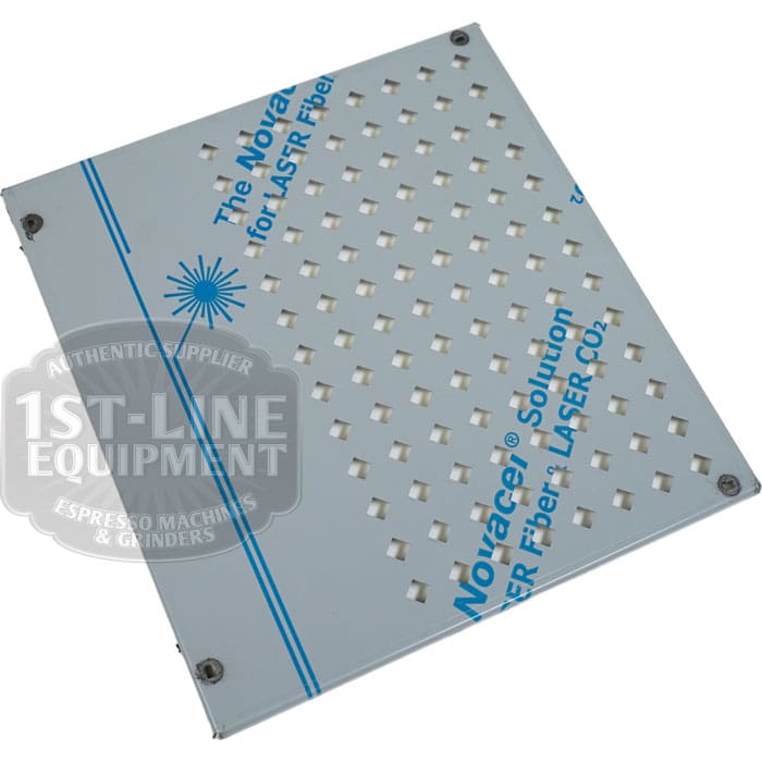 Square perforated metal plate for Torre T02SCA003 Cup Warmer T02. Features multiple small square holes, four corner screws, and a blue laser icon on a white background. Labeled Novace Solution for LASER Fiber LASER CO2. © 2025 1st-line.com