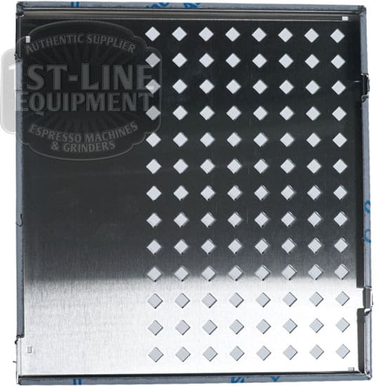 Stainless steel square tray for the Torre T02SCA003 Cup Warmer T02, with a grid of raised diamond-shaped holes on one half and a smooth surface on the other, shown from above. © 2025 1st-line.com