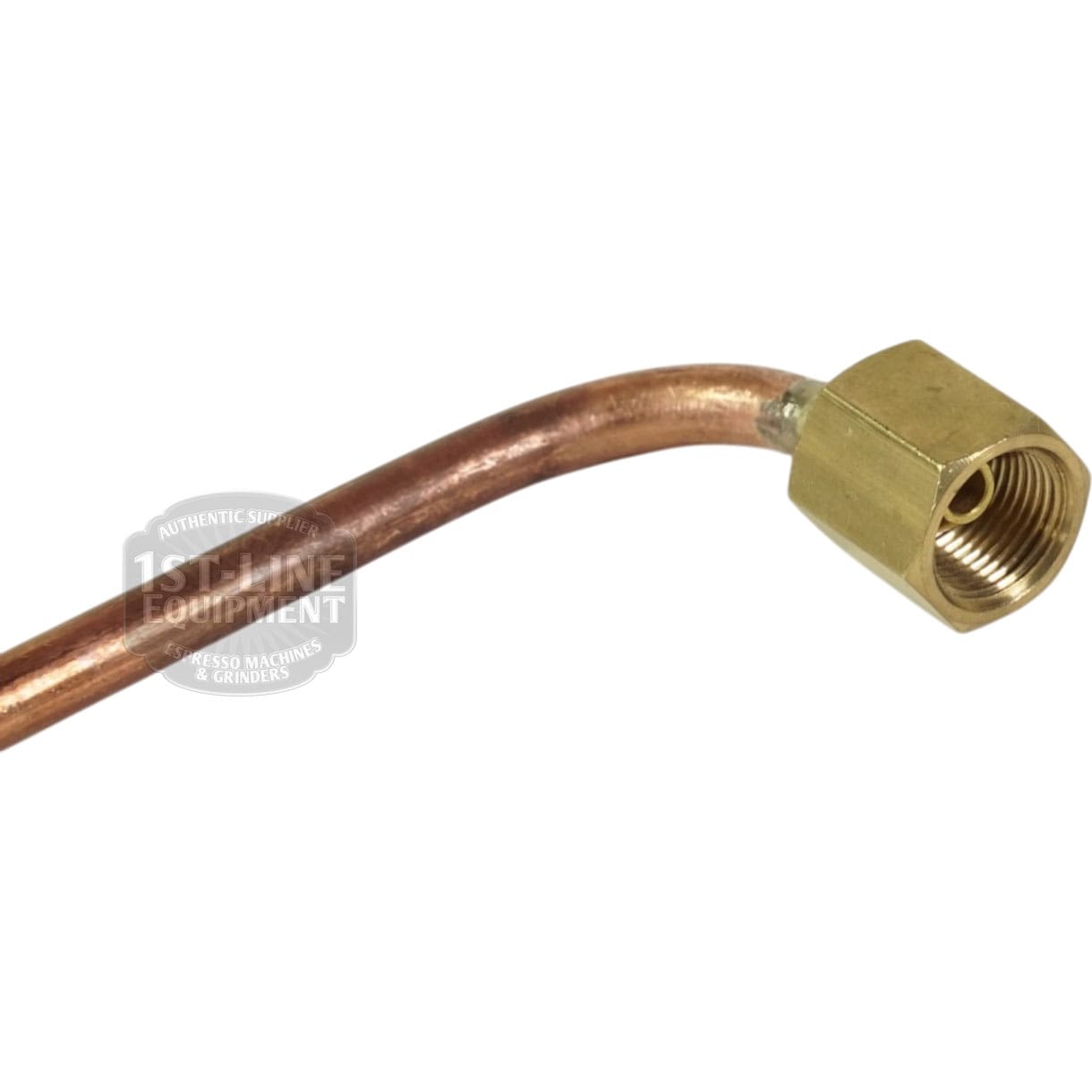 The Bezzera 5162457LL Steam Tap Pipe features a bent copper design with a brass hexagonal fitting on one end, shown close-up and isolated on a white background. Compatible with Bezzera machines. © 2025 1st-line.com