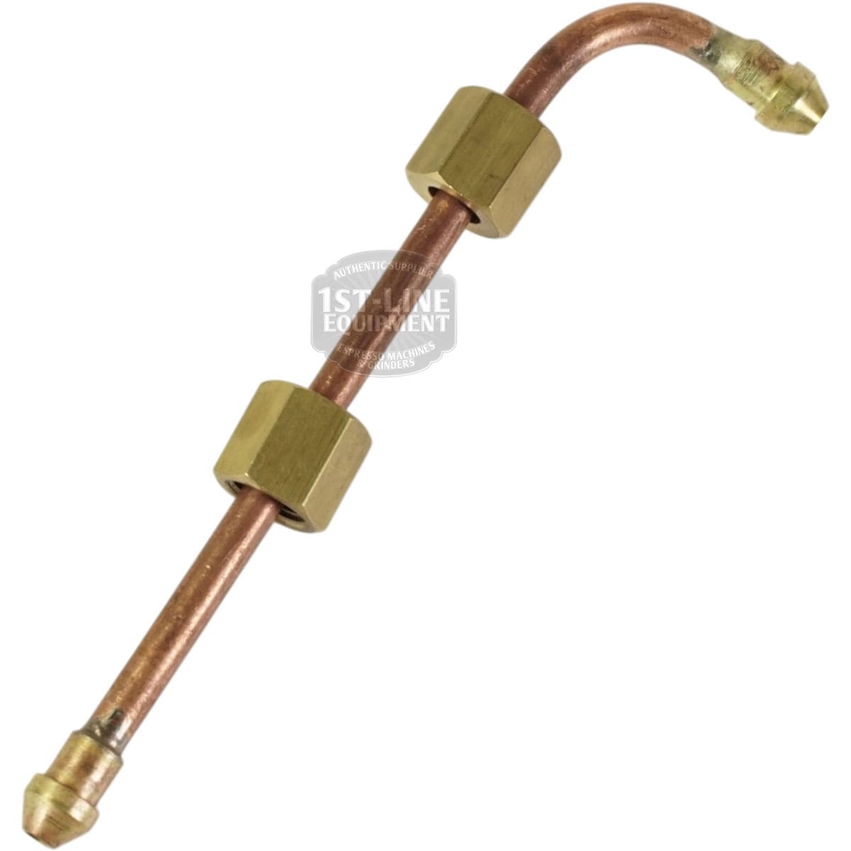 The Bezzera 5162457LL Steam Tap Pipe, featuring a copper line with brass fittings and a curved end, is shown against a white background for HVAC or refrigeration system connections. © 2025 1st-line.com