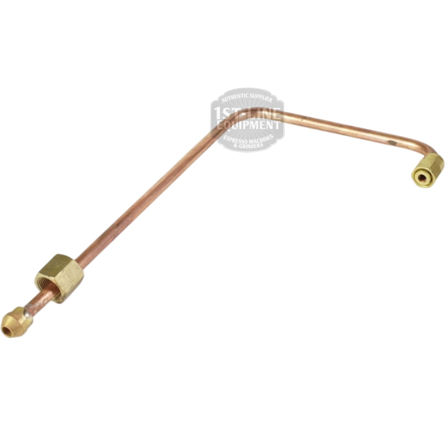 The Bezzera 5162457LL Steam Tap Pipe is a bent copper pipe with brass fittings on both ends, designed for connecting plumbing or refrigeration systems and compatible with Bezzera equipment. © 2025 1st-line.com