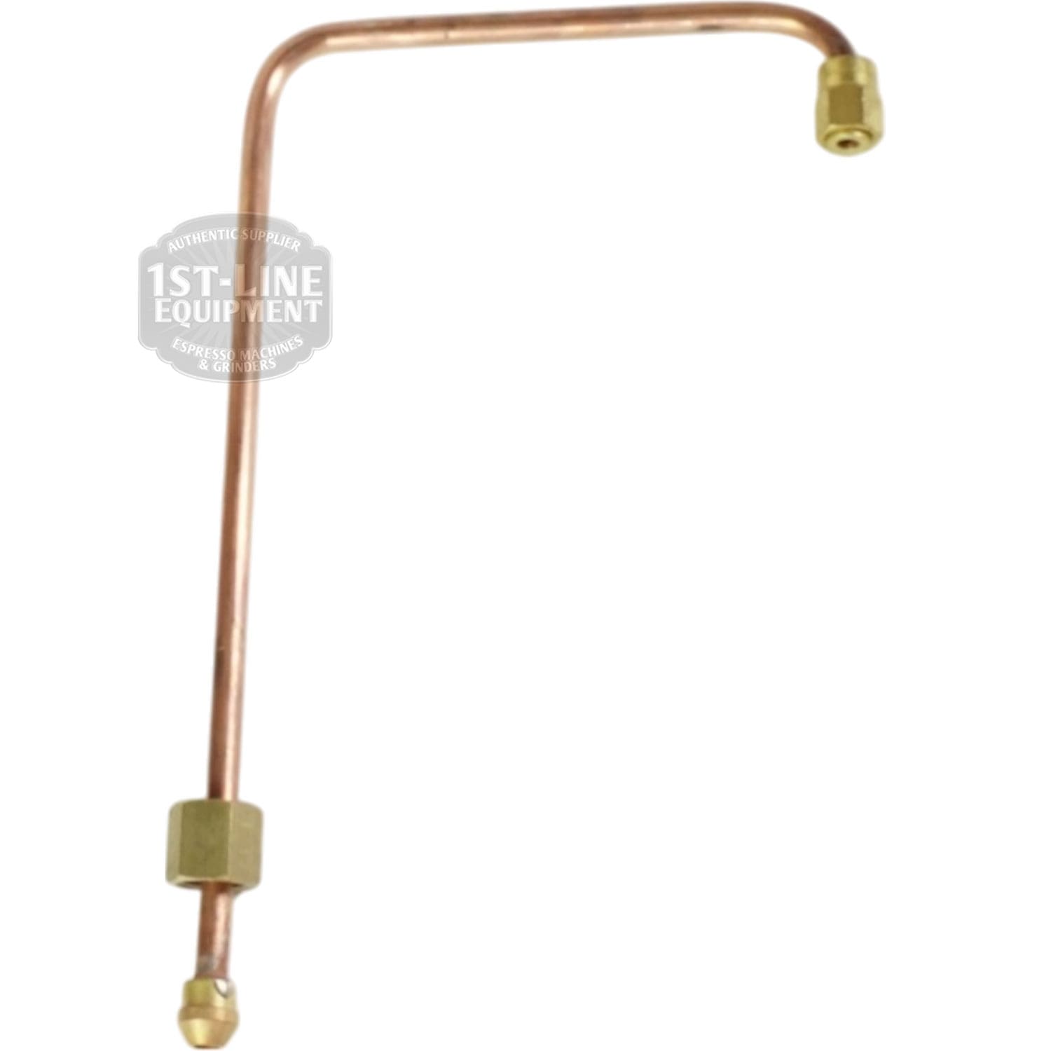 The Bezzera 5162457LL Steam Tap Pipe is a bent copper pipe with brass fittings on both ends, shown against a white background, designed for use in plumbing or espresso machine equipment. © 2025 1st-line.com