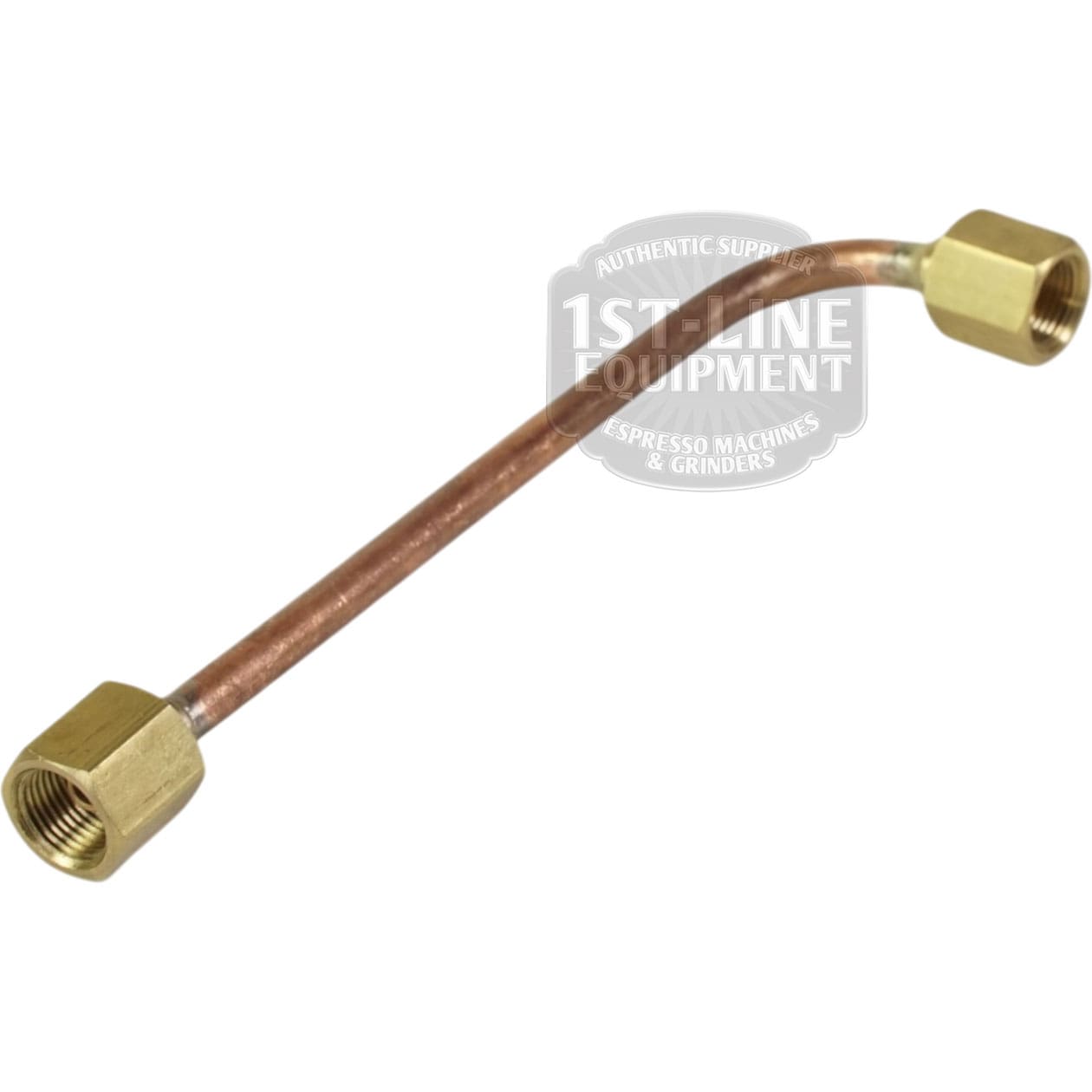 The Bezzera 5162457LL Steam Tap Pipe is a curved copper connector with brass hexagonal fittings on both ends, designed for use in Bezzera espresso machines. The image shows a faint 1st-Line Equipment watermark. © 2025 1st-line.com