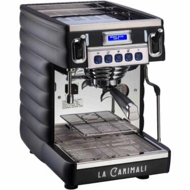The Carimali Bubble 1 Group Commercial Espresso Machine (110V) boasts a black and silver finish, digital display, buttons, portafilter, and steam wand—ideal for creating quality coffee drinks. © 2025 1st-line.com