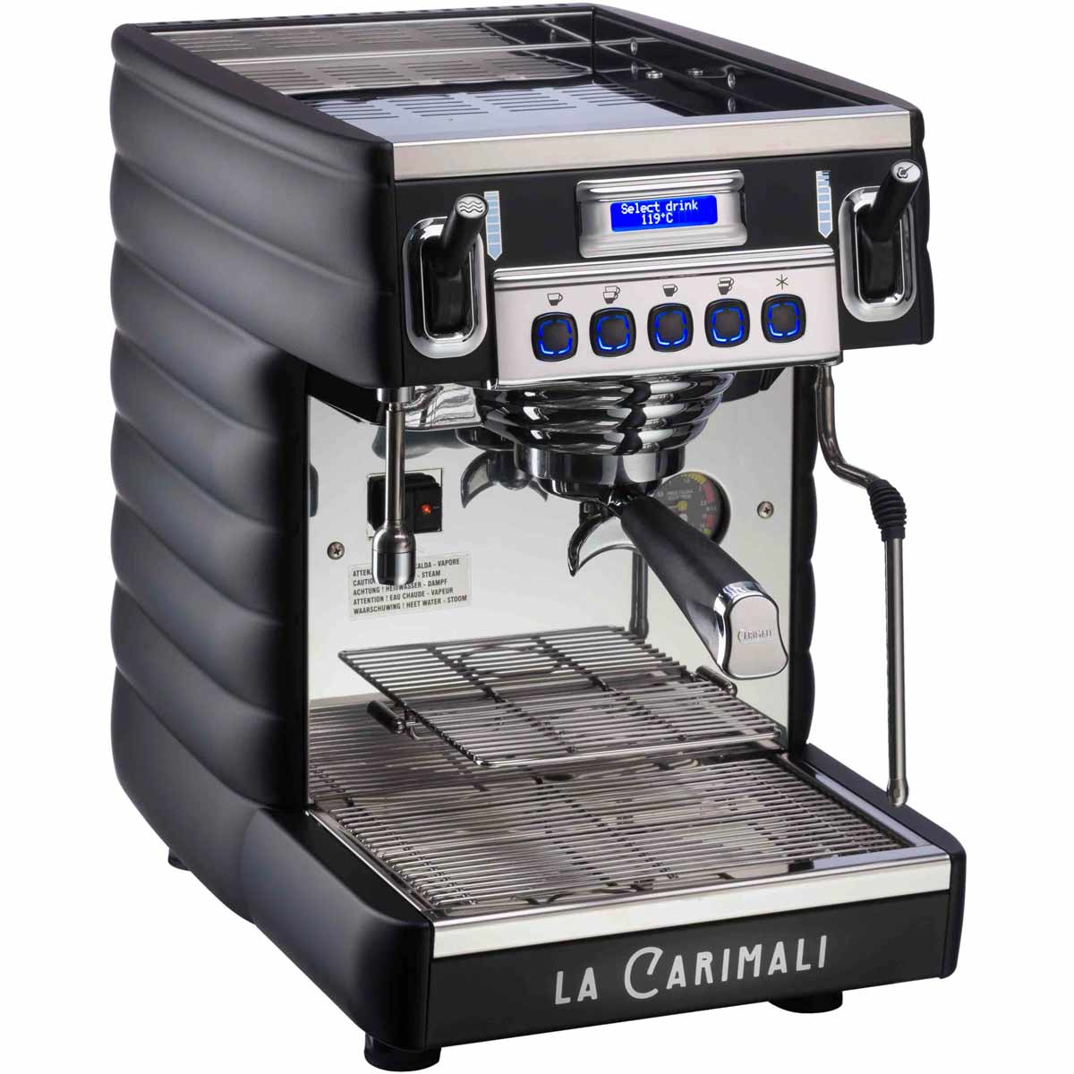 The Carimali Bubble 1 Group Commercial Espresso Machine (110V) boasts a black and silver finish, digital display, buttons, portafilter, and steam wand—ideal for creating quality coffee drinks. © 2025 1st-line.com