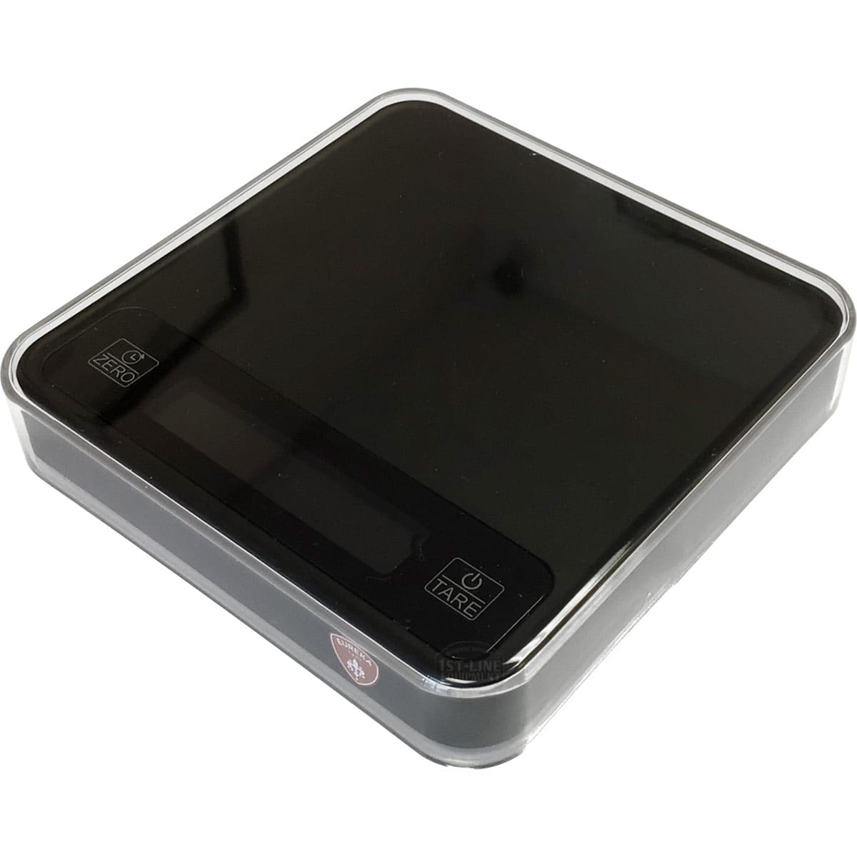The Eureka Precisa Digital Scale features a glossy black surface, compact design with rounded corners, a small display screen, and front-edge Zero and Tare buttons for a sleek kitchen addition. © 2025 1st-line.com
