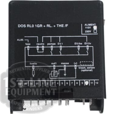 The FE.107-115 VFA Expres Brain Unit 115V is a black control box with an Italian-labeled wiring diagram on top, showing connections for pump, valves, and 115V power. Several terminals are visible at the bottom. © 2025 1st-line.com