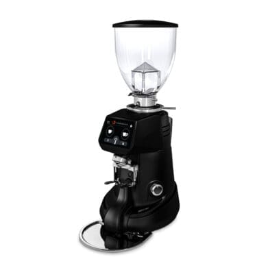 The Fiorenzato F64 EVO XGi Espresso Coffee Grinder features a sleek black finish, clear bean hopper, digital display, and stainless steel accents, inspired design, displayed against a white background. © 2025 1st-line.com