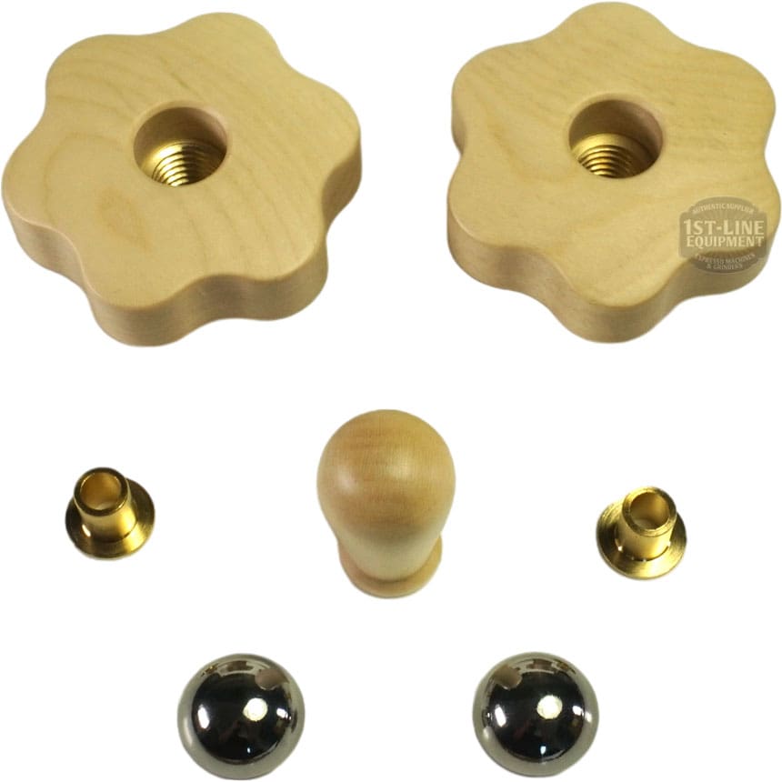 The Lelit PLA2203 Maple Wood Steam / Hot Water Knob Kit includes two maple star-shaped knobs, a wooden cylinder handle, two brass fittings, and two round metal knobs, all arranged on a white background. © 2025 1st-line.com
