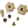 The Lelit PLA2203 Maple Wood Steam / Hot Water Knob Kit, including two flower-edged wooden knobs, a maple wood handle, two metal balls with red rings, and two small brass fittings, is arranged on a white background. © 2025 1st-line.com