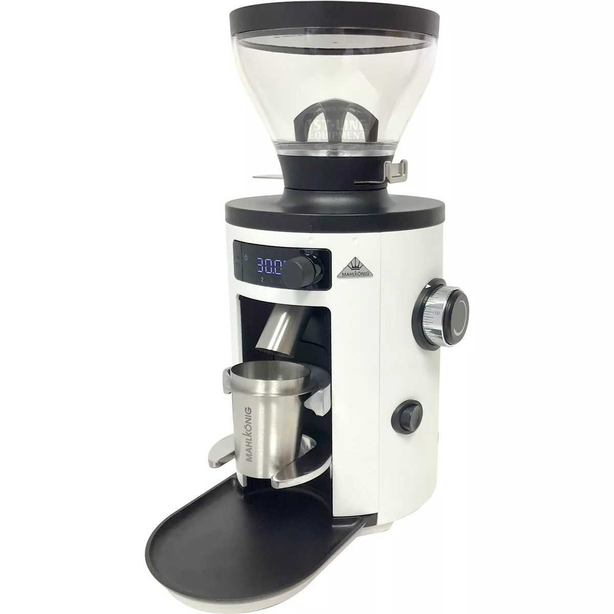 The Mahlkonig X54 Allround Home Grinder features a white finish, digital display, large transparent hopper, grind size adjustment dial, and a metal container—ideal for coffee lovers seeking versatile grinding at home. © 2025 1st-line.com