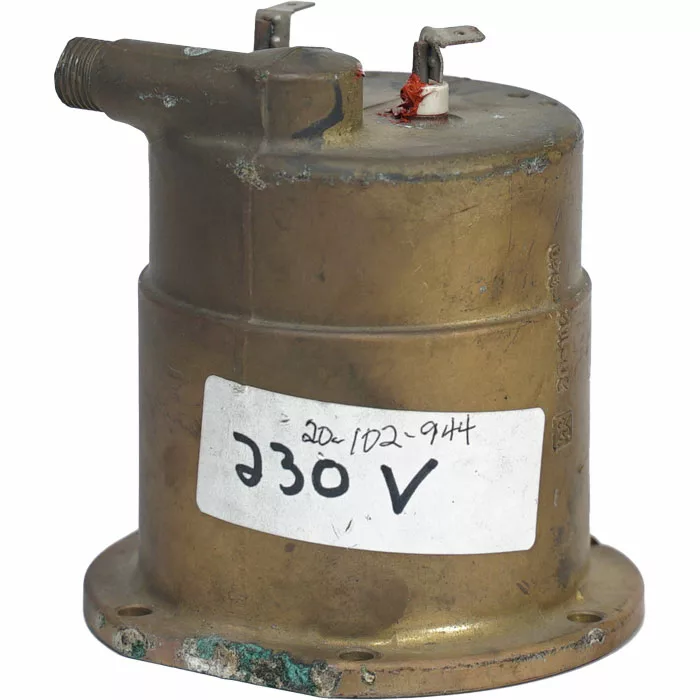 The Rancilio 20102944 230V Boiler with Welded Element is a cylindrical metal boiler featuring two terminals on top, a white 230V label, and shows signs of wear and corrosion, highlighting its durability and use. © 2025 1st-line.com