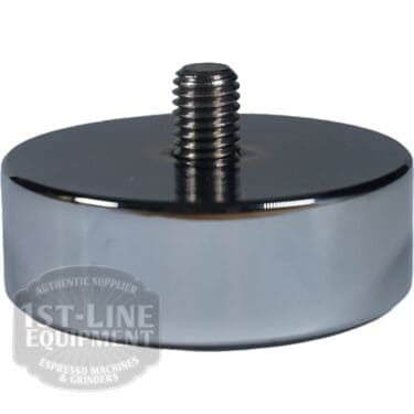 The Torre APIED001 Complete Aluminum Foot (60x20mm) is round and shiny, with a central threaded screw on top for easy attachment to machines or grinder bases. The brand watermark appears on the left side. © 2025 1st-line.com