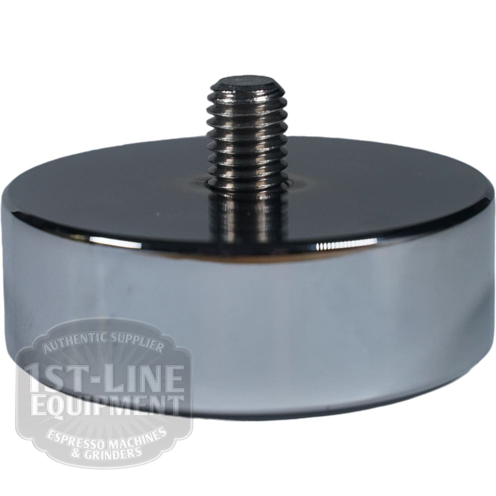 The Torre APIED001 Complete Aluminum Foot (60x20mm) is round and shiny, with a central threaded screw on top for easy attachment to machines or grinder bases. The brand watermark appears on the left side. © 2025 1st-line.com