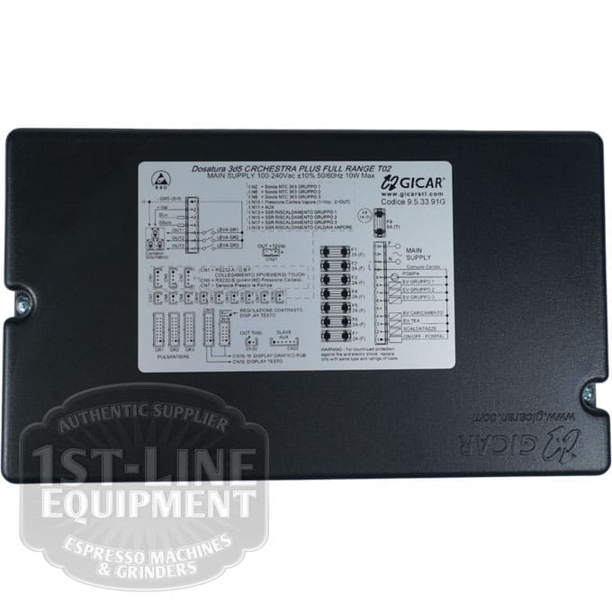 The Torre DOS23001 Control Board 100-240Vac 50/60Hz features a black GICAR label, detailed diagram, wiring instructions, and codes on a white sticker. The 1st-Line Equipment logo appears partially at the bottom left corner. © 2025 1st-line.com