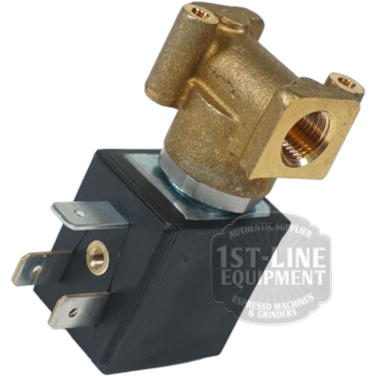 The Torre EV212001 Solenoid Valve EV. 2 VIE 1/8 110V, designed for espresso machines, features a brass body, black rectangular coil with metal terminals, and is shown with a 1ST-LINE EQUIPMENT transparent watermark. © 2025 1st-line.com