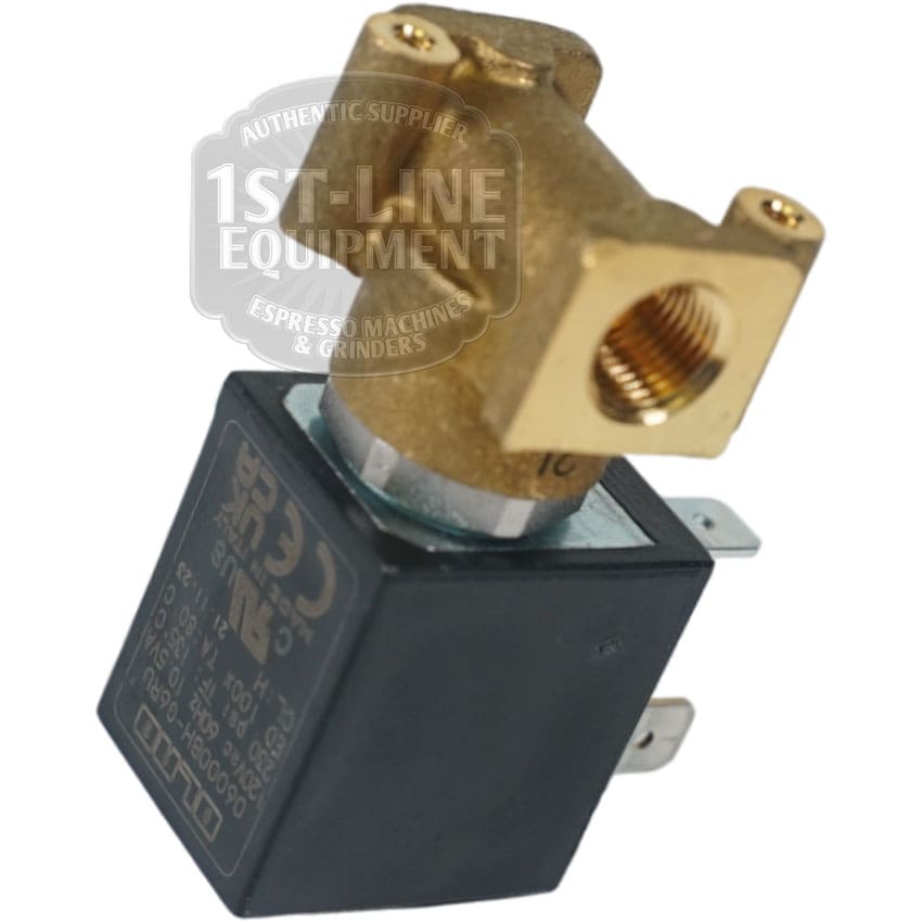 The Torre EV212001 Solenoid Valve EV. 2 VIE 1/8 110V features a brass body, black rectangular actuator with electrical terminals, a threaded port, and displays the 1st-Line Equipment logo watermark. Designed for 110V applications. © 2025 1st-line.com