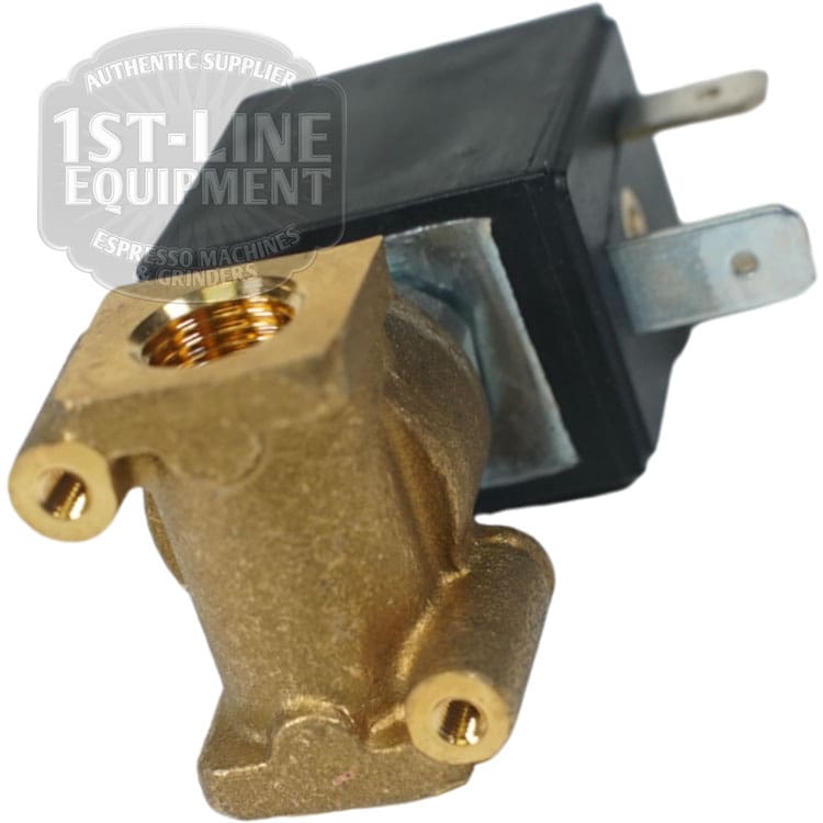 The Torre EV212001 Solenoid Valve EV. 2 VIE 1/8 110V, featuring a black plastic connector, is displayed at an angle with the 1st-Line Equipment logo overlaid on the image. © 2025 1st-line.com