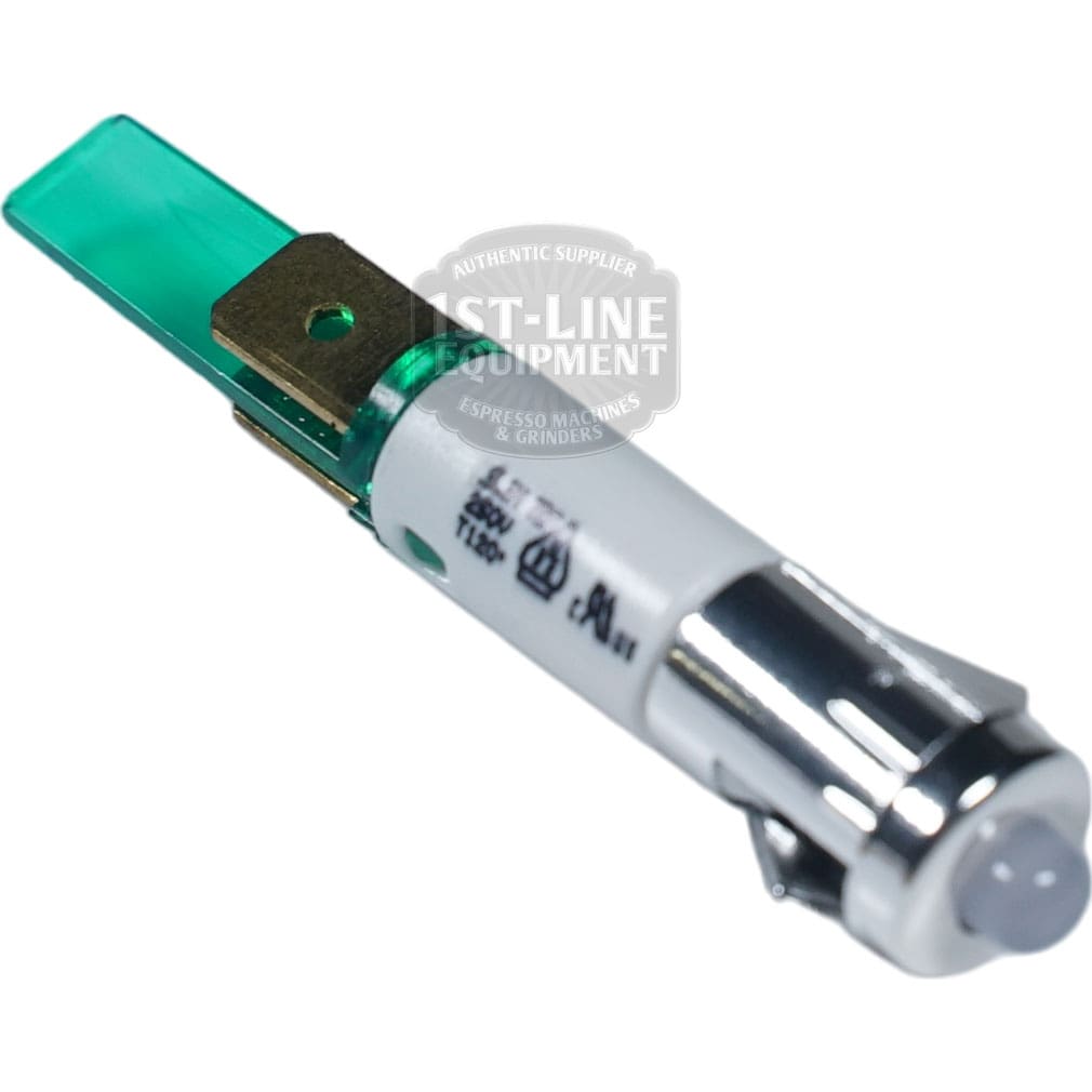 The Torre LAMP0003 Green LED LDF 09 230V features a metal mounting bracket, labeled specs, and is designed for use in espresso machines or similar appliances. © 2025 1st-line.com