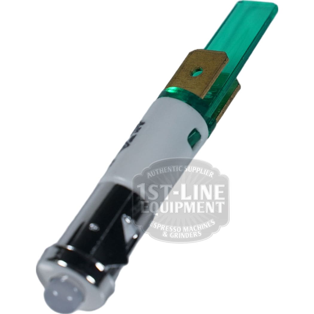 The Torre LAMP0003 Green LED LDF 09 230V features a white cylindrical body, metallic tip, and green plastic top tab. Shown on a white background with a visible 1st-Line Equipment watermark. Suitable for use with 230V systems. © 2025 1st-line.com