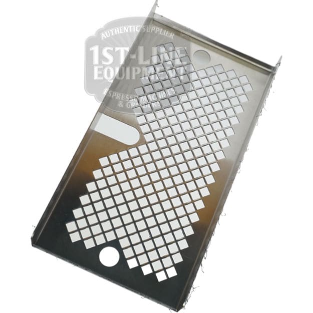 The Torre T02APP002 Stainless Steel Drip Tray Grid T02 features diamond-shaped cutouts, two round holes, and sharp edges. It is slightly angled and displayed against a white background. © 2025 1st-line.com