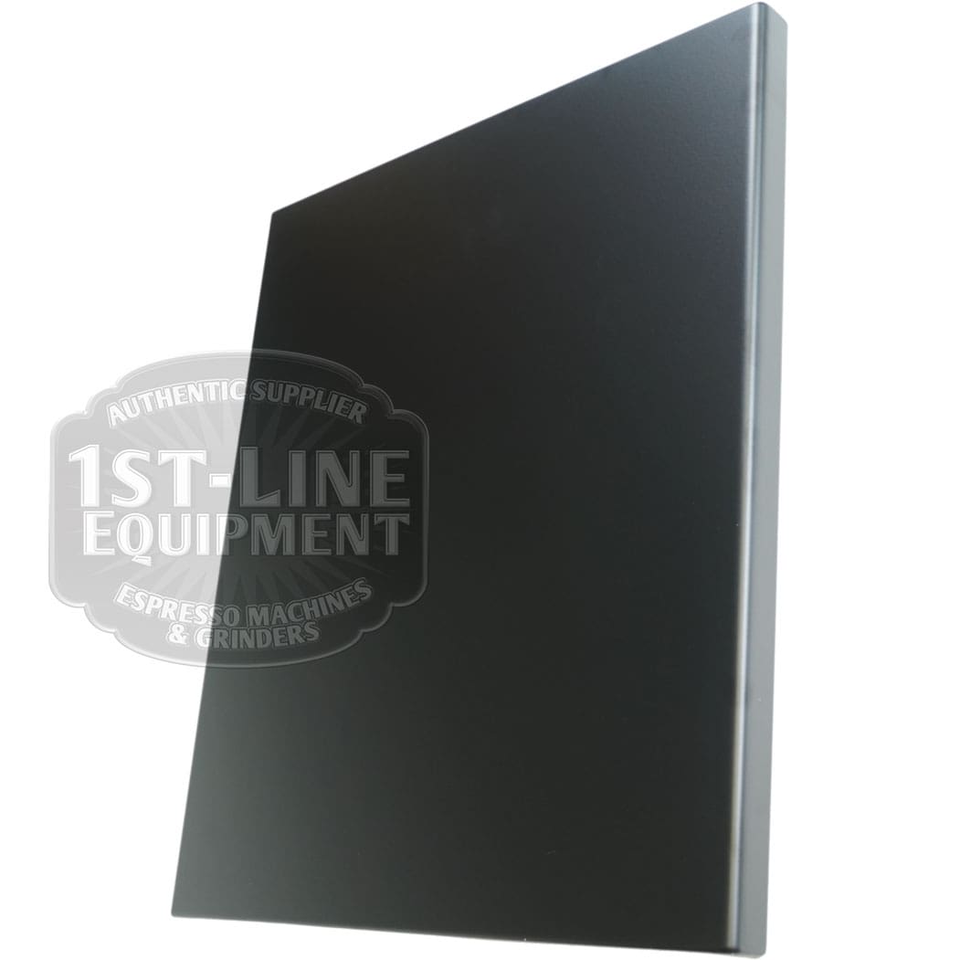 The Torre T02FIA001NO Right Side Panel - Matte Black, a plain rectangular metal panel, stands upright against a white background with the semi-transparent 1ST-LINE EQUIPMENT logo on the left side. © 2025 1st-line.com