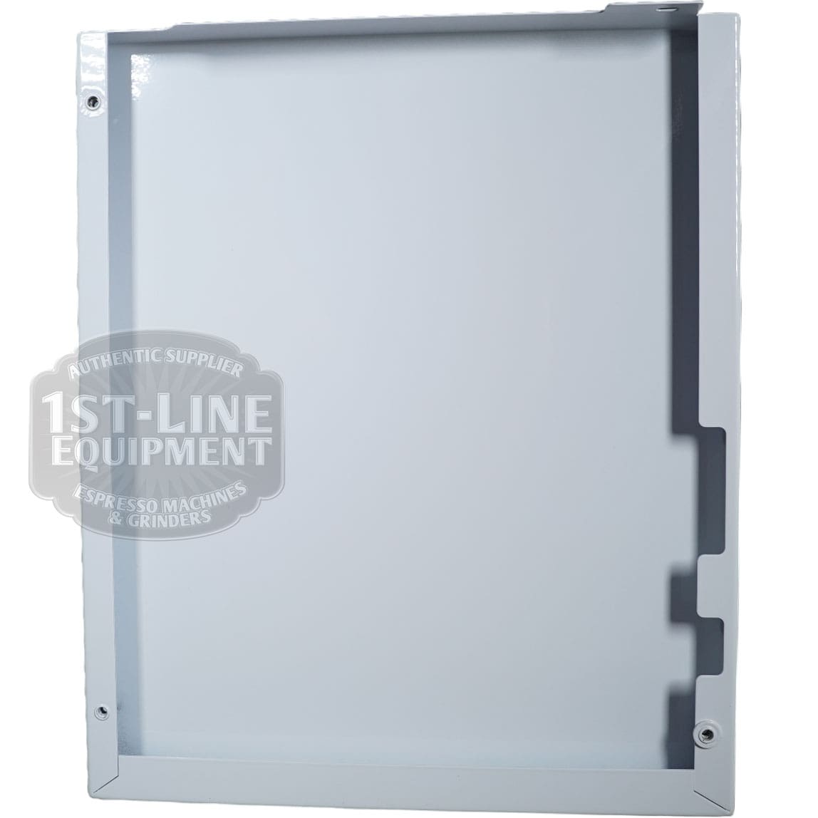 The Torre T02FIA002B Left Side Panel - White is a rectangular metal panel with raised edges and four corner screw holes, shown at an angle with a partial 1st-Line Equipment logo watermark on the left. © 2025 1st-line.com