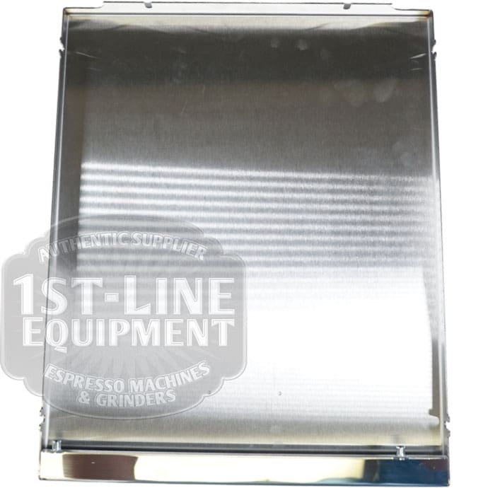 The Torre T02POS001 Back Panel is a rectangular stainless steel cover with a brushed finish, featuring the 1st-Line Equipment logo on the left. Its designed for compatibility with espresso machines and grinders. © 2025 1st-line.com