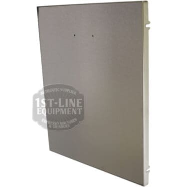 The Torre T02POS001 Back Panel - Stainless Steel is a rectangular panel with two small holes near the top, standing upright at a slight angle. The smooth, flat surface features the 1st-Line Equipment logo watermark. © 2025 1st-line.com