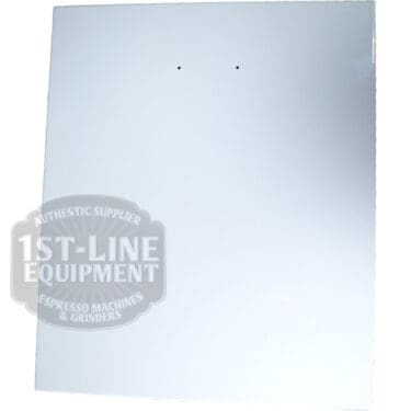 The Torre T02POS001B Back Panel - White T02 is a rectangular, glossy white metal panel with two top holes and a translucent 1st-Line Equipment logo in the lower left, designed for Torre T02POS001B machines. © 2025 1st-line.com