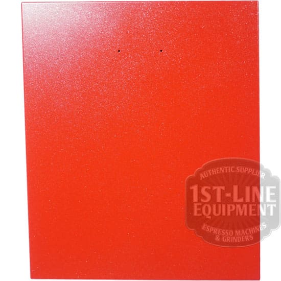 The Torre T02POS001RP Back Panel - Red Passion T02 is a rectangular, bright red metal panel with two small holes near the top center, shown upright. A semi-transparent 1st-Line Equipment watermark appears in the bottom right corner. © 2025 1st-line.com