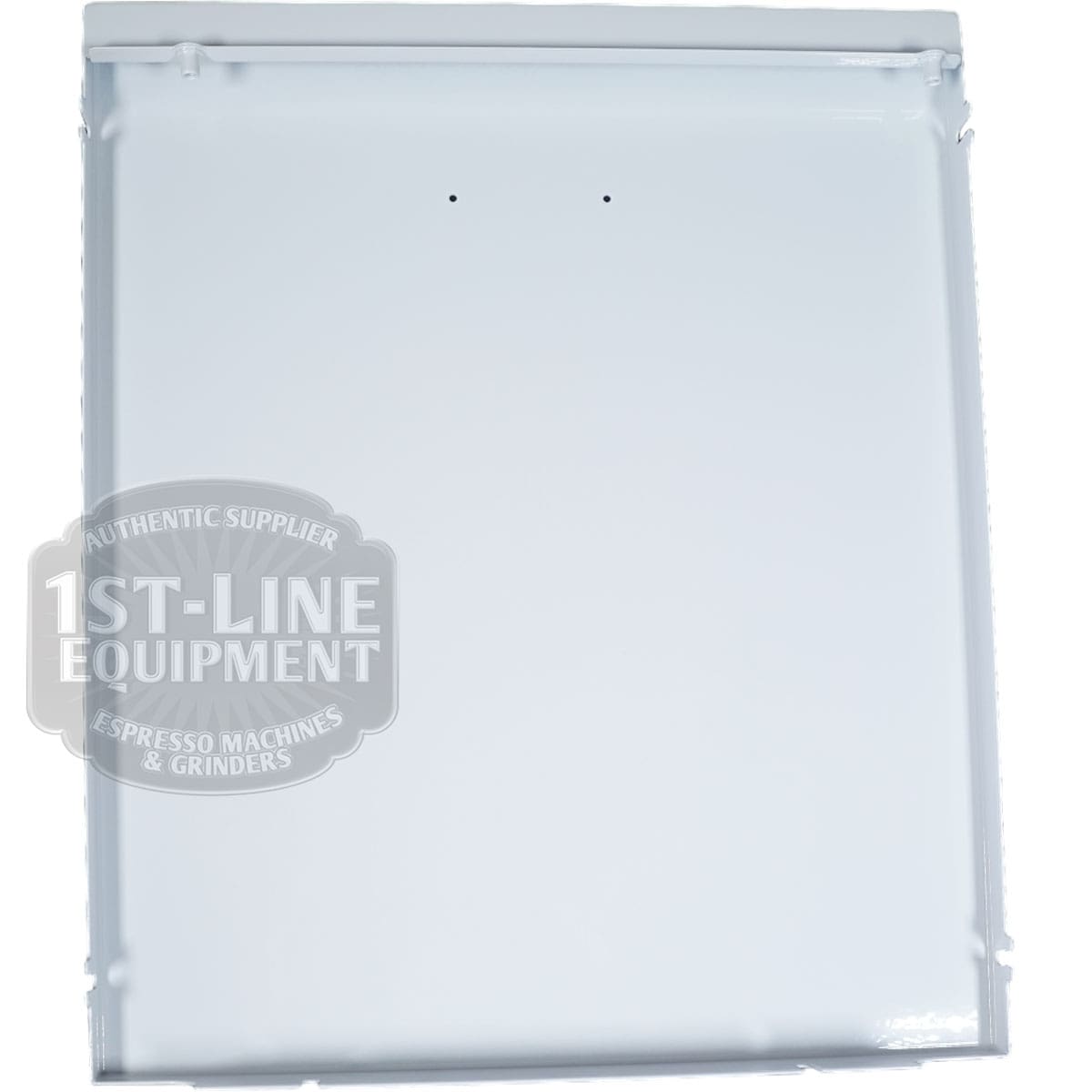 The Torre T02POSXX1 Shiny White Back Panel is rectangular with a clean, shiny white surface, two small holes near the center top, faint edge shadows, and features a transparent 1st-Line Equipment Espresso Machines & Grinders watermark. © 2025 1st-line.com